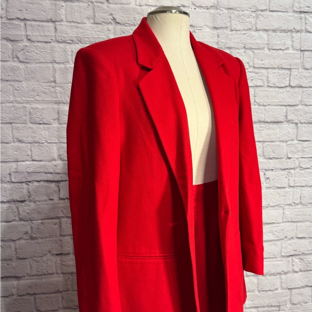 Vintage Sag Harbor Pure Wool Red 2 Piece Jacket Blazer Midi Skirt Suit